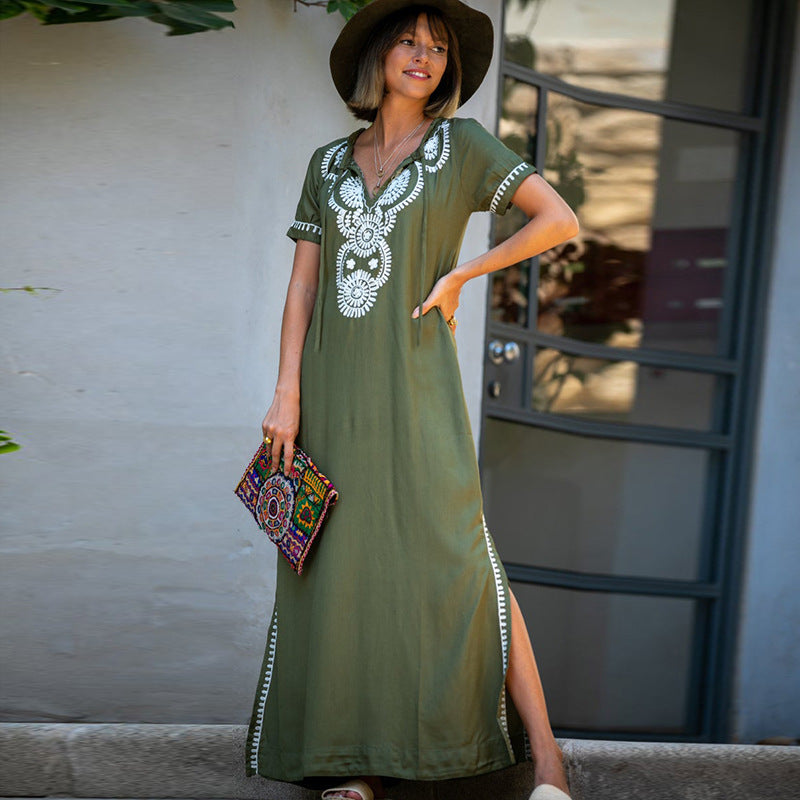 Rayon Army Green Short Sleeve Embroidered Beach Jacket Vacation Robe Beach Cover Up Outer Wear Dress Women Bella Mia